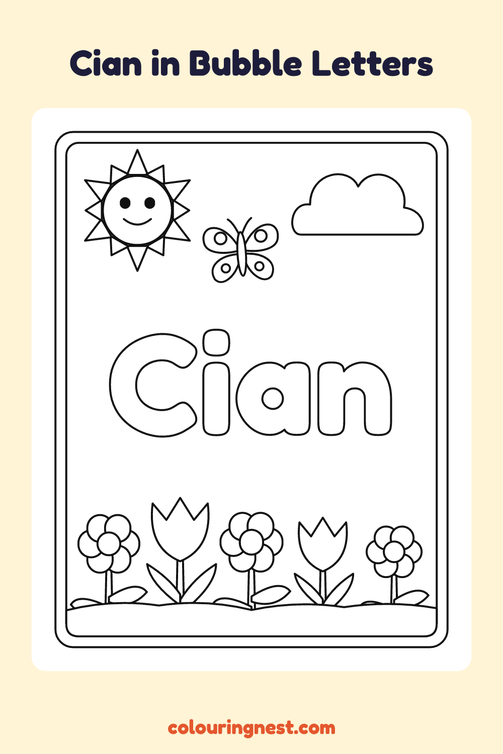 Cian in Bubble Letters coloring page: free printable black-and-white line art