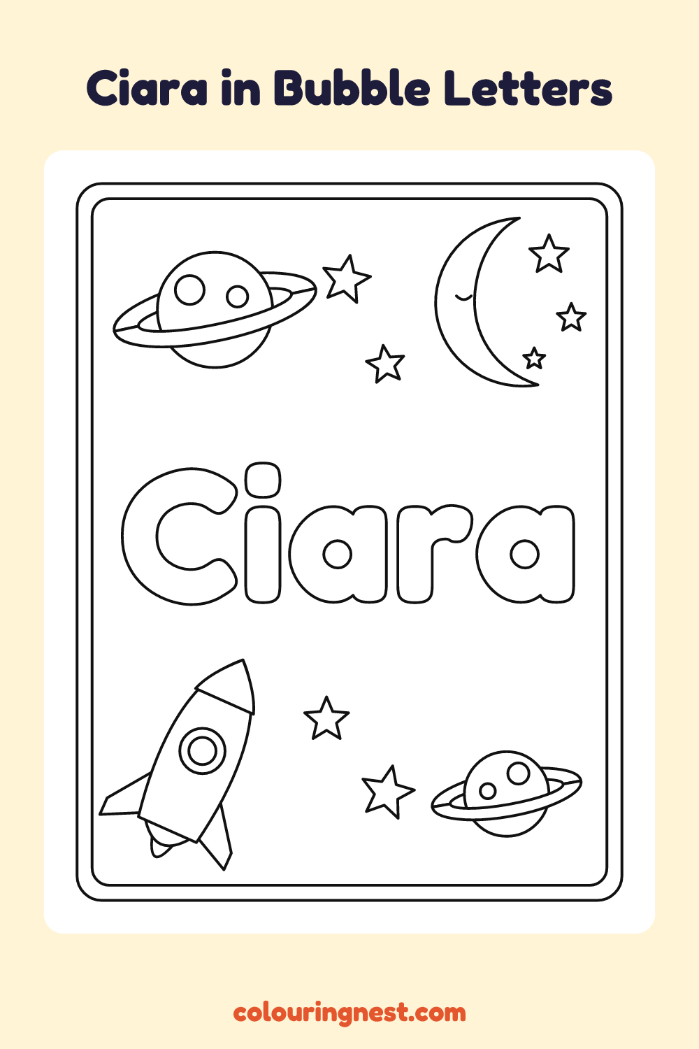 Ciara in Bubble Letters coloring page: free printable black-and-white line art