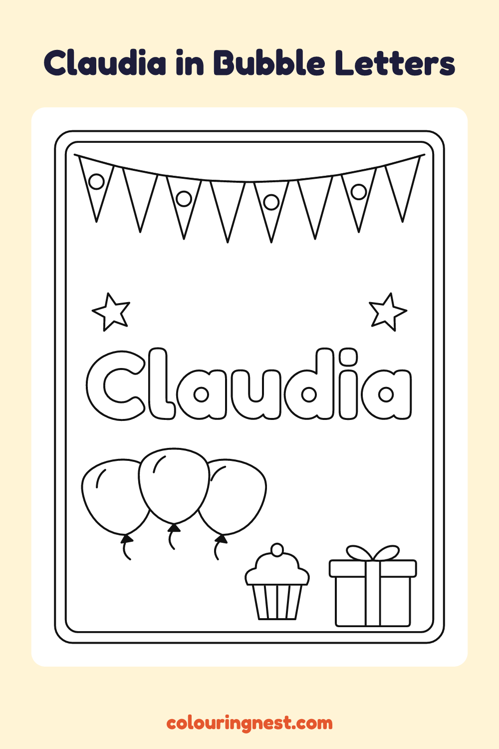 Claudia in Bubble Letters coloring page: free printable black-and-white line art