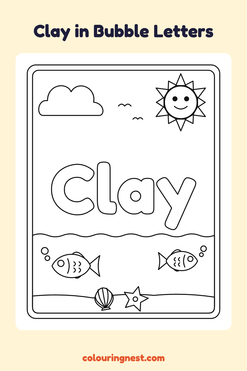Clay in Bubble Letters coloring page: free printable black-and-white line art