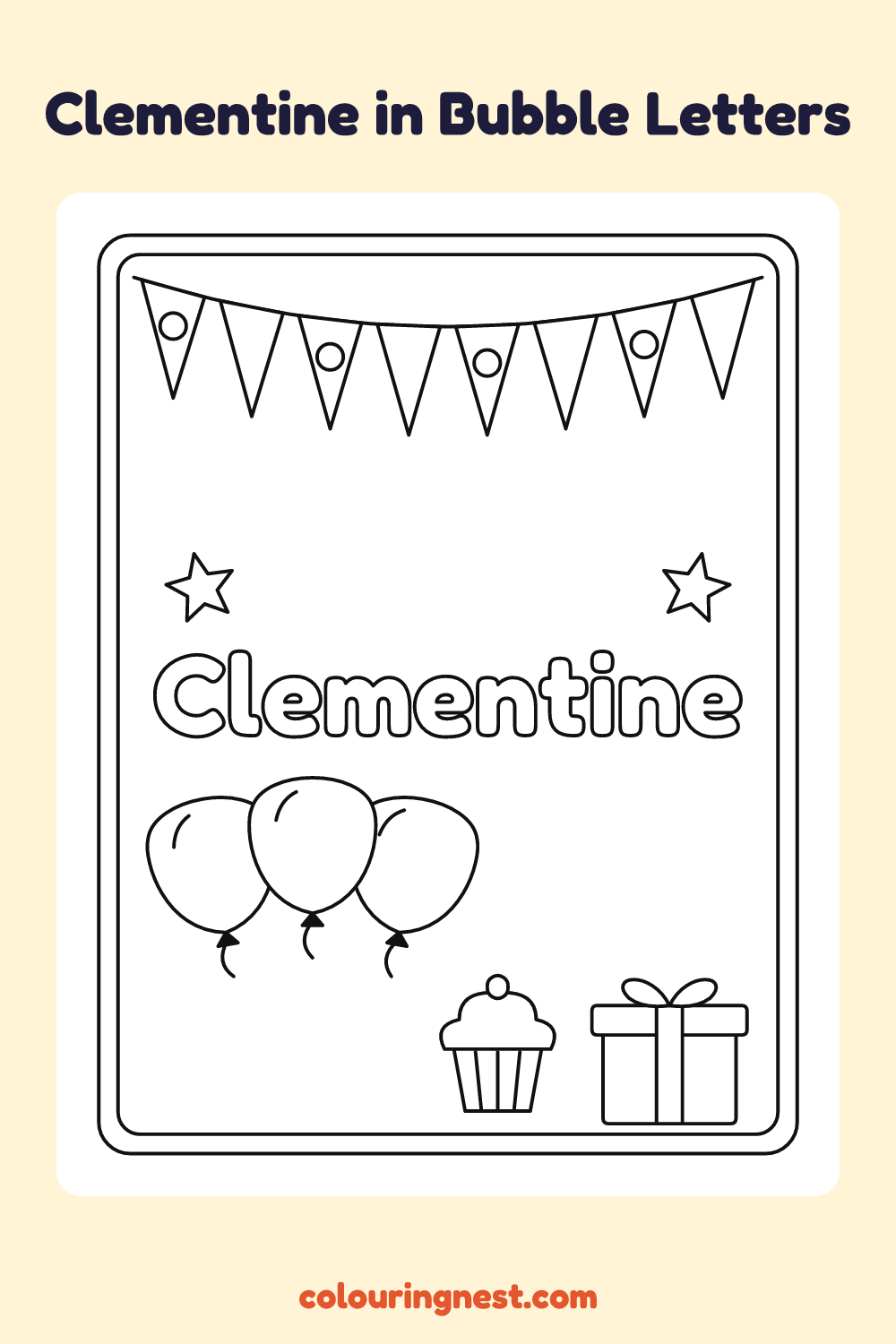 Clementine in Bubble Letters coloring page: free printable black-and-white line art