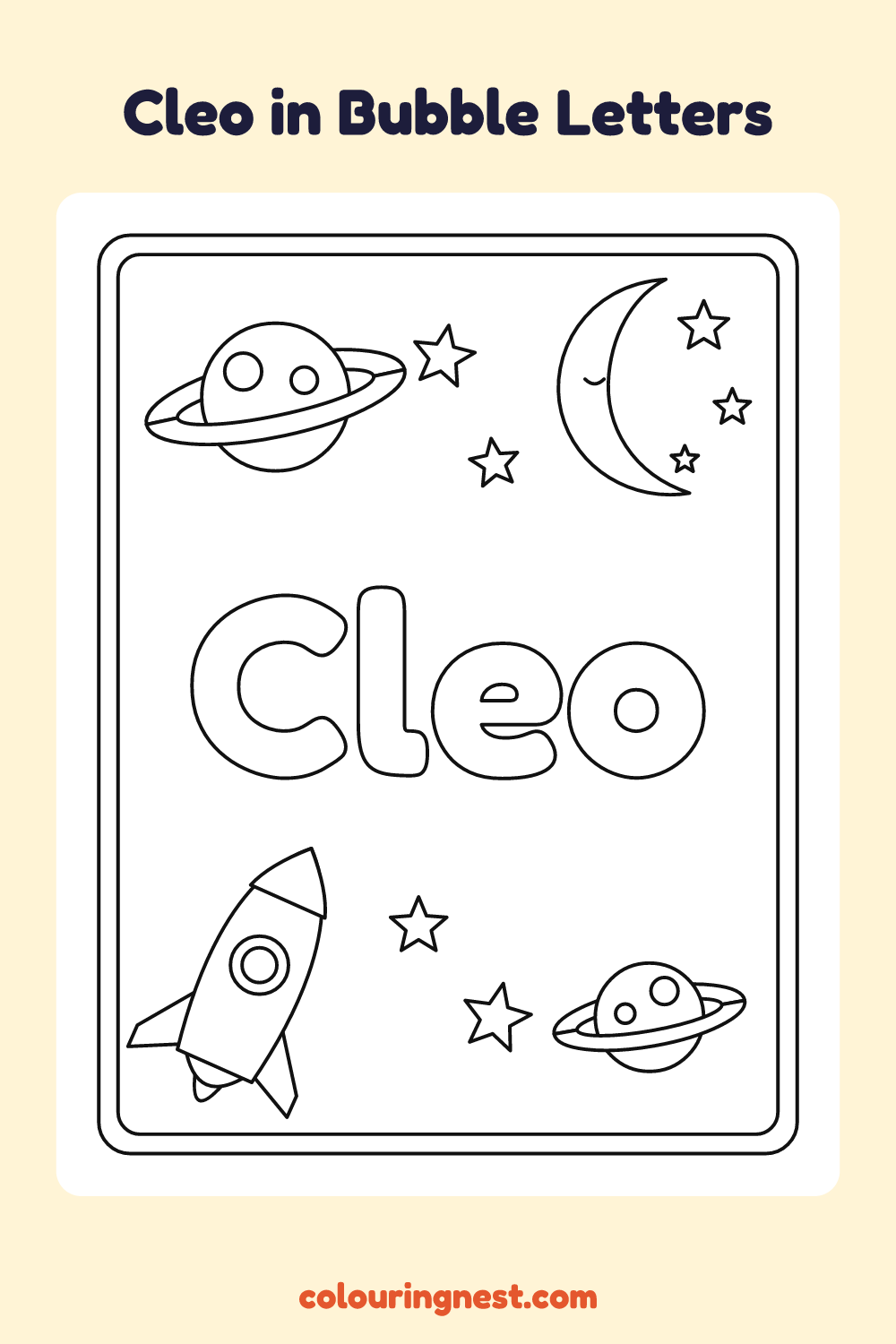 Cleo in Bubble Letters coloring page: free printable black-and-white line art