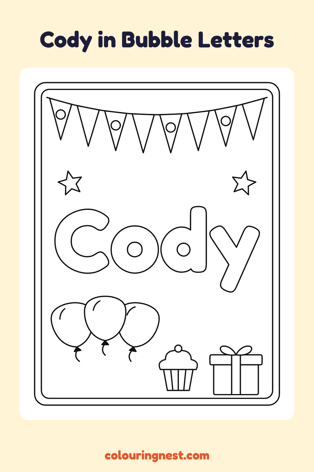 Cody in Bubble Letters coloring page: free printable black-and-white line art