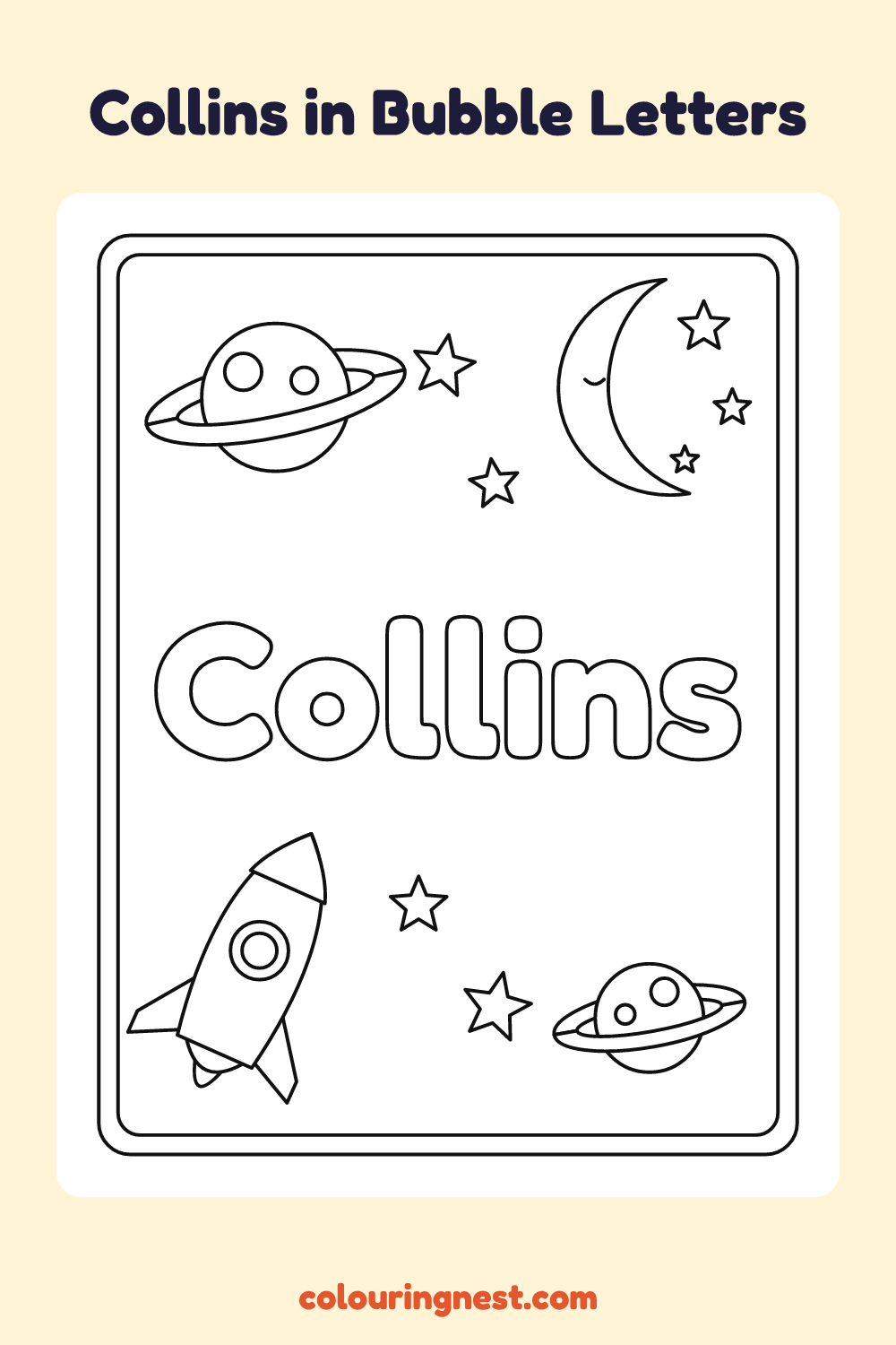 Collins in Bubble Letters coloring page: free printable black-and-white line art