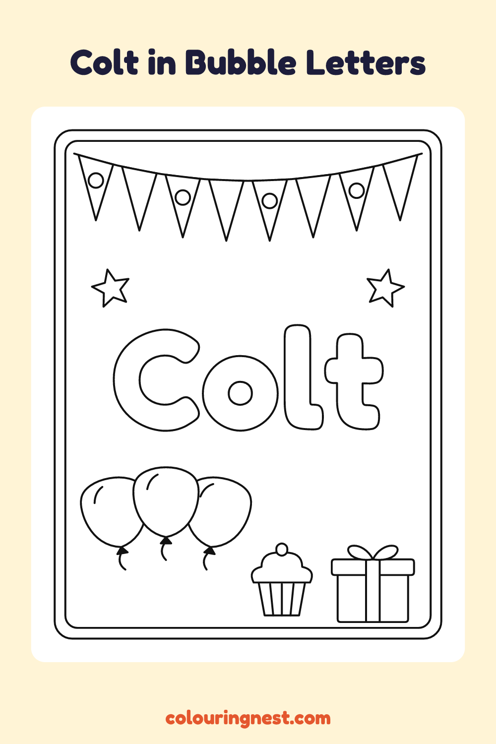 Colt in Bubble Letters coloring page: free printable black-and-white line art