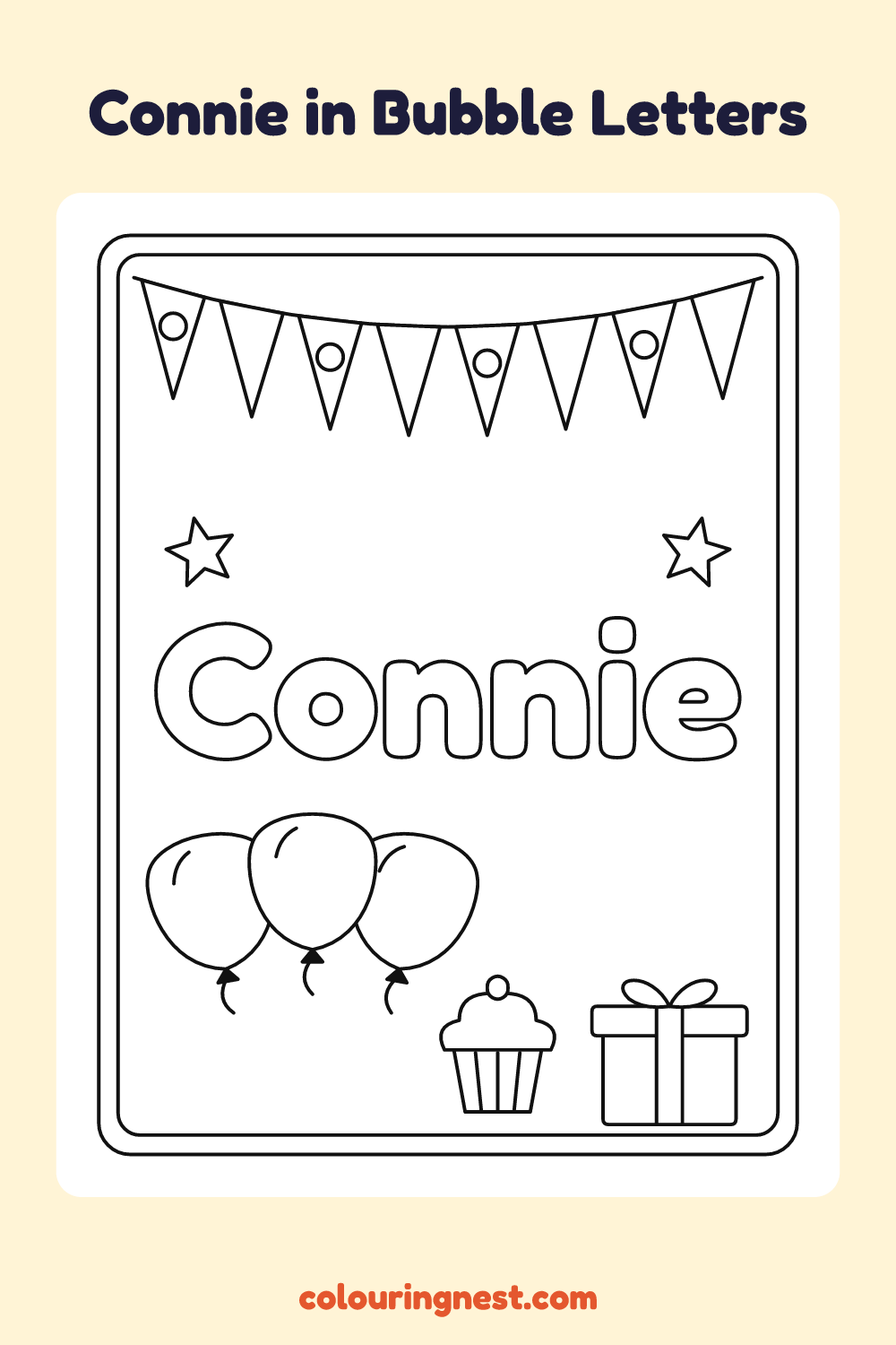 Connie in Bubble Letters coloring page: free printable black-and-white line art