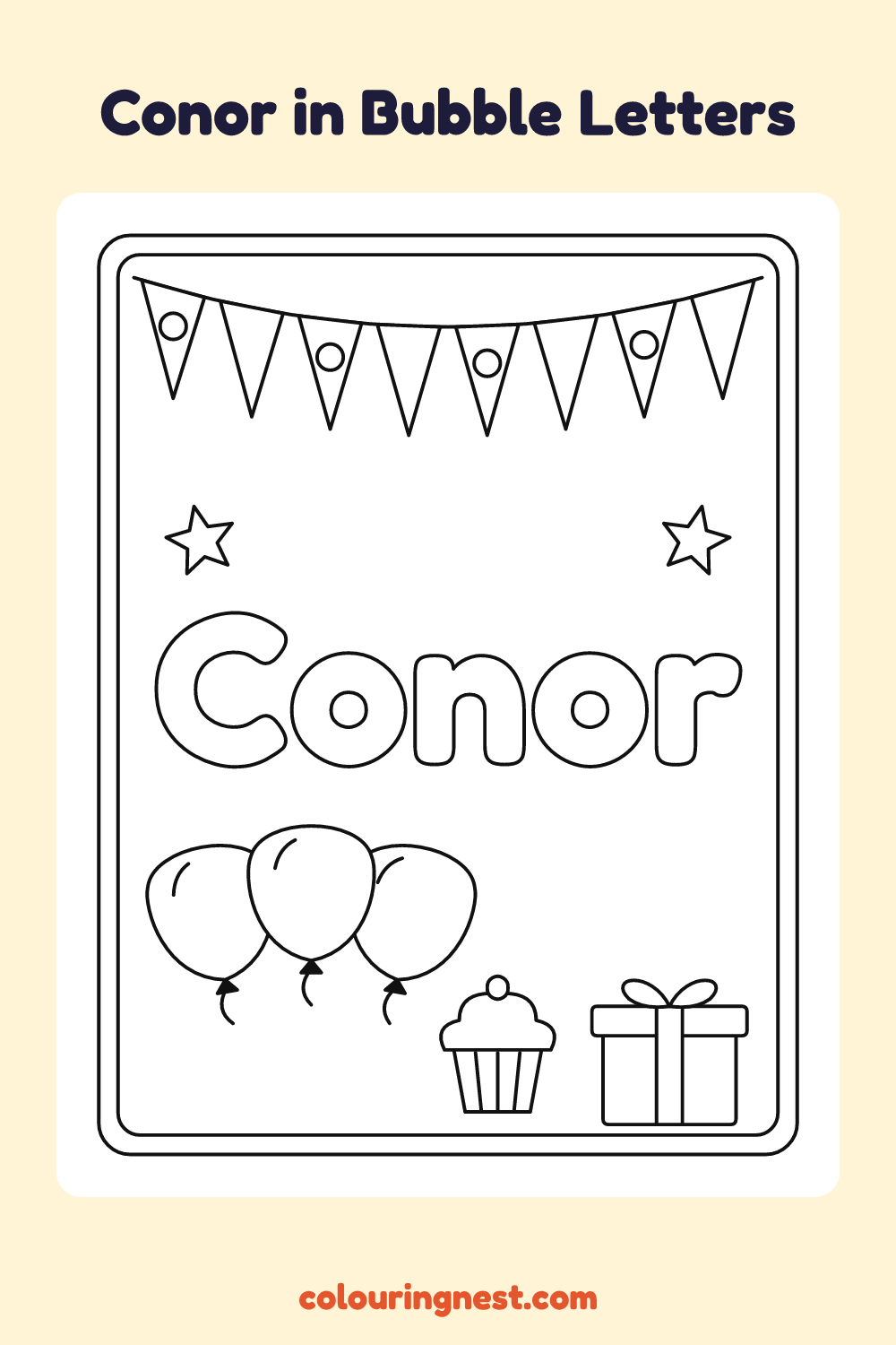 Conor in Bubble Letters coloring page: free printable black-and-white line art