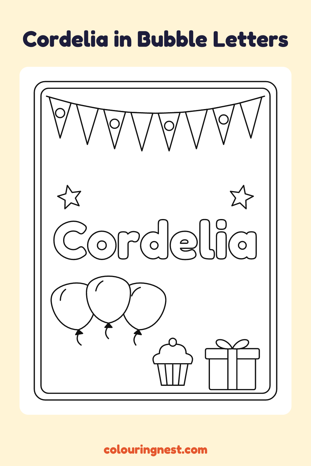 Cordelia in Bubble Letters coloring page: free printable black-and-white line art