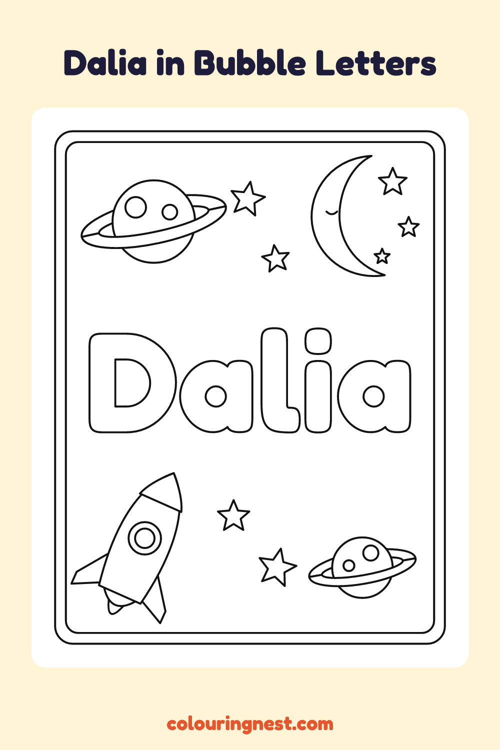 Dalia in Bubble Letters coloring page: free printable black-and-white line art