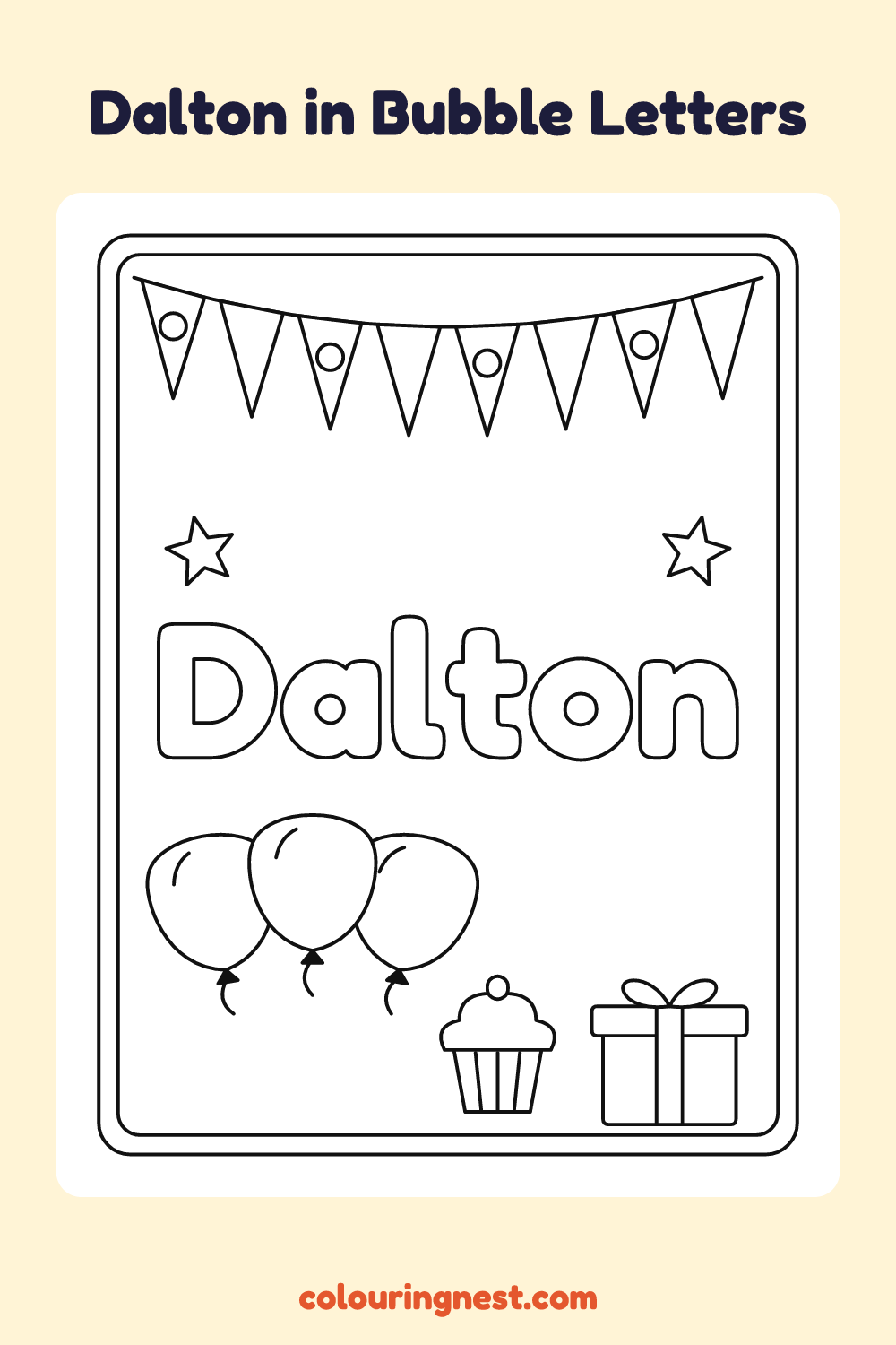Dalton in Bubble Letters coloring page: free printable black-and-white line art