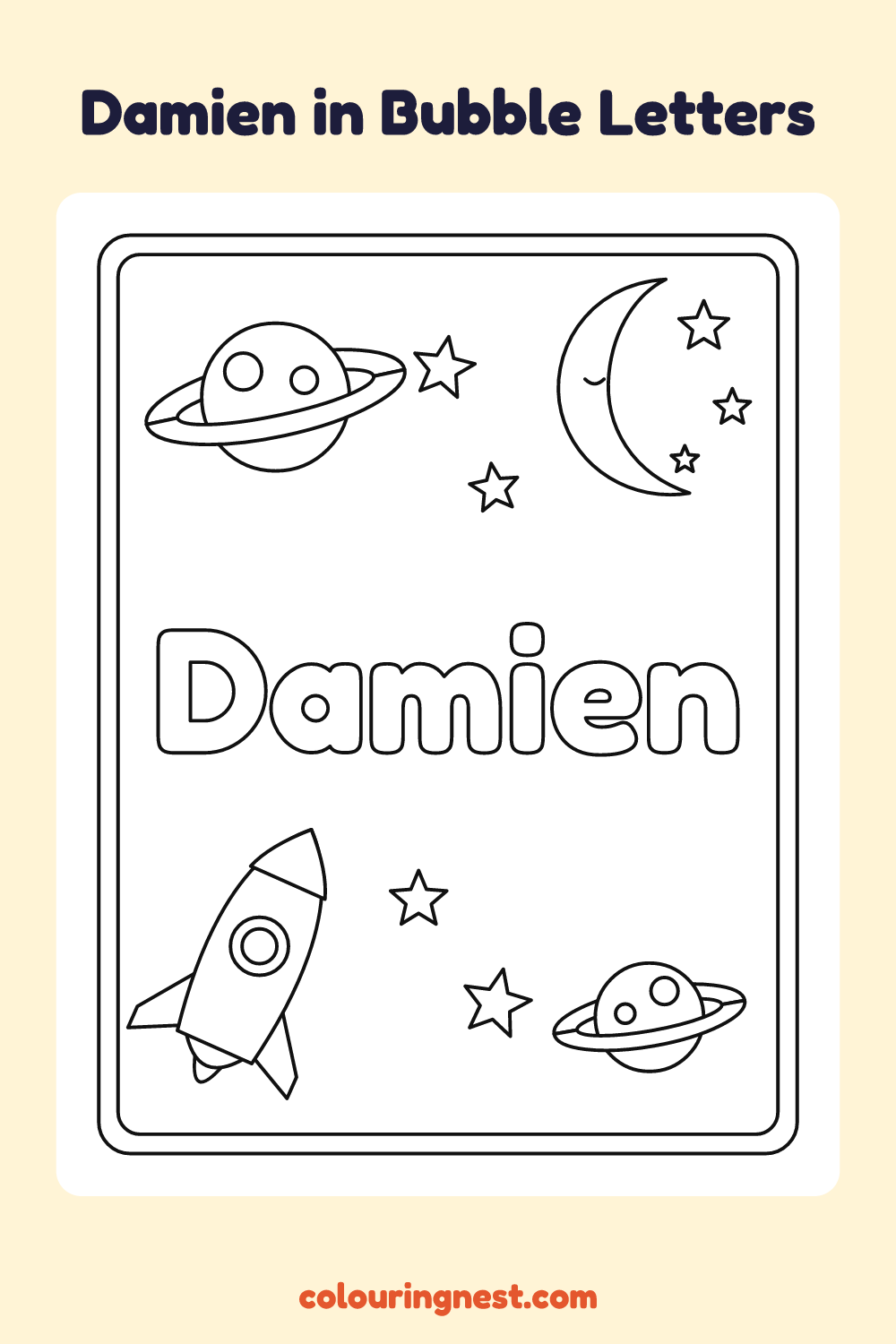 Damien in Bubble Letters coloring page: free printable black-and-white line art