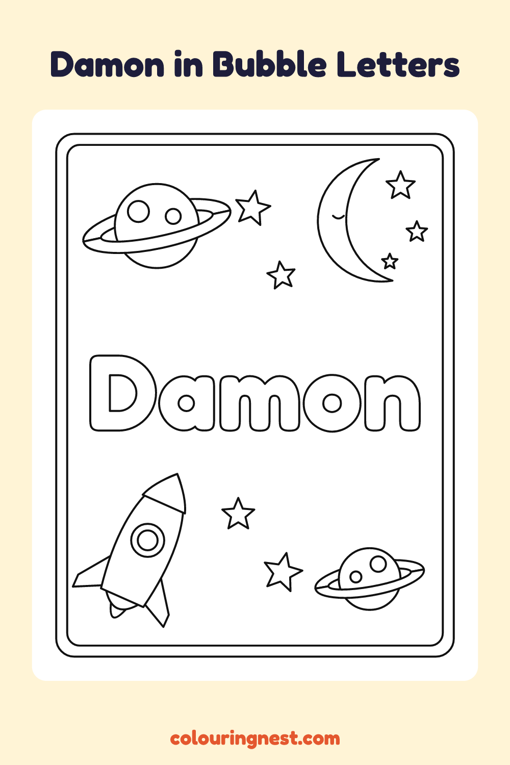 Damon in Bubble Letters coloring page: free printable black-and-white line art