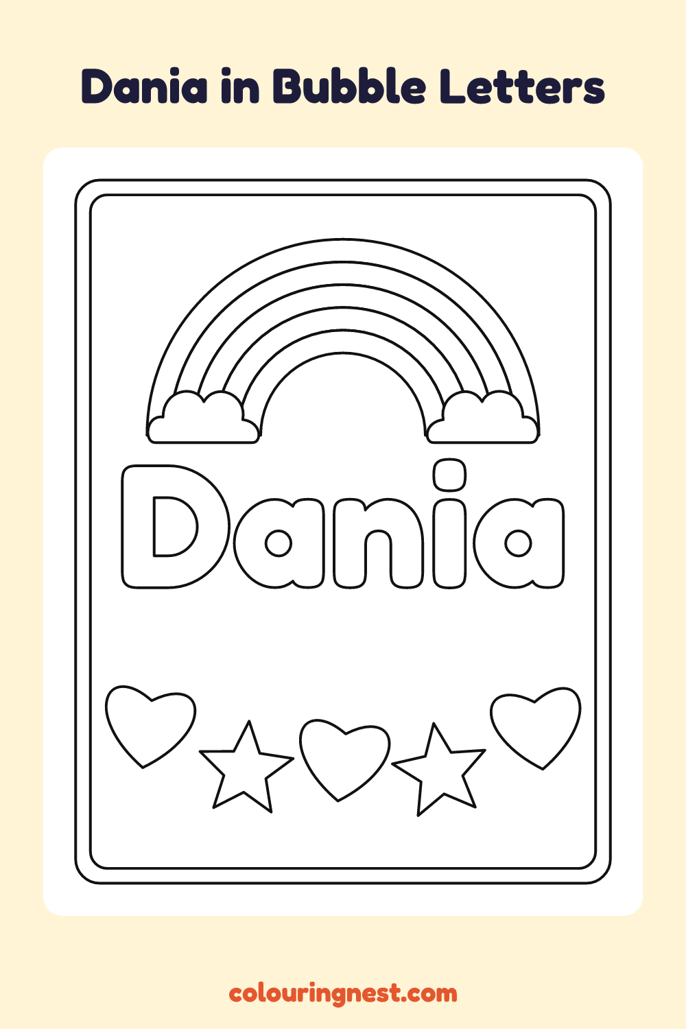 Dania in Bubble Letters coloring page: free printable black-and-white line art