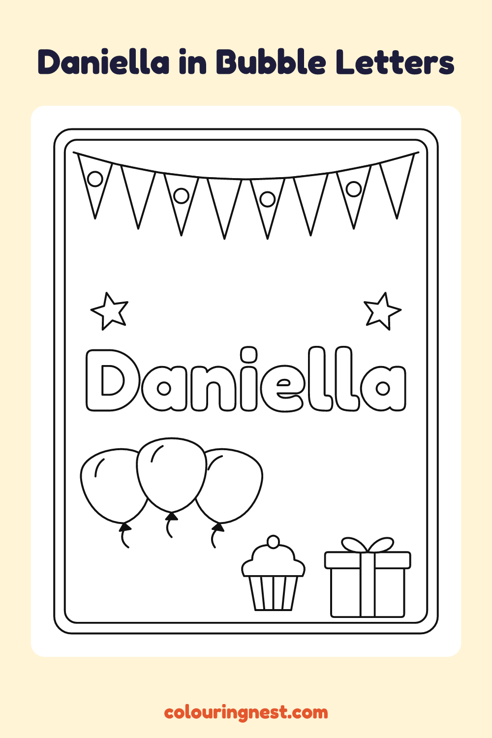 Daniella in Bubble Letters coloring page: free printable black-and-white line art
