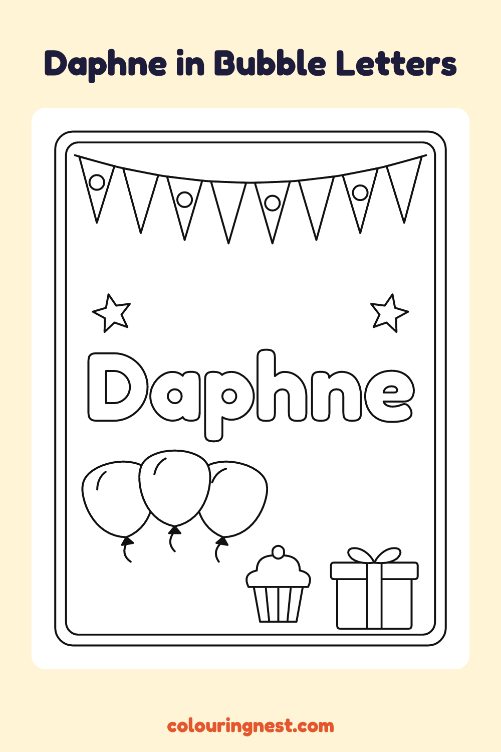 Daphne in Bubble Letters coloring page: free printable black-and-white line art