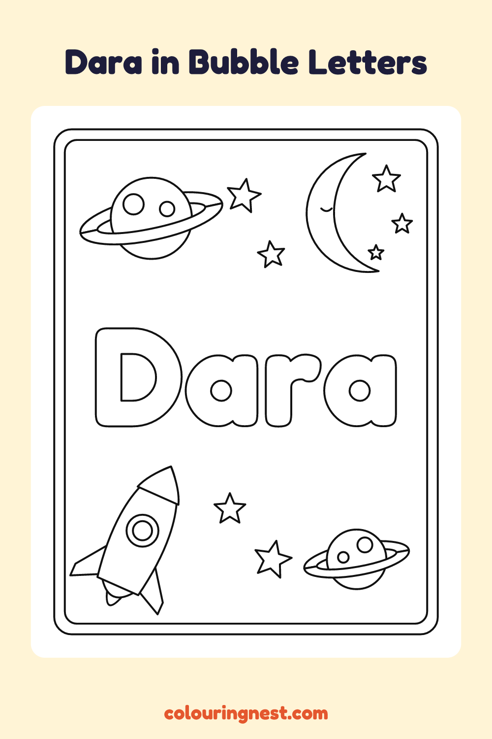 Dara in Bubble Letters coloring page: free printable black-and-white line art