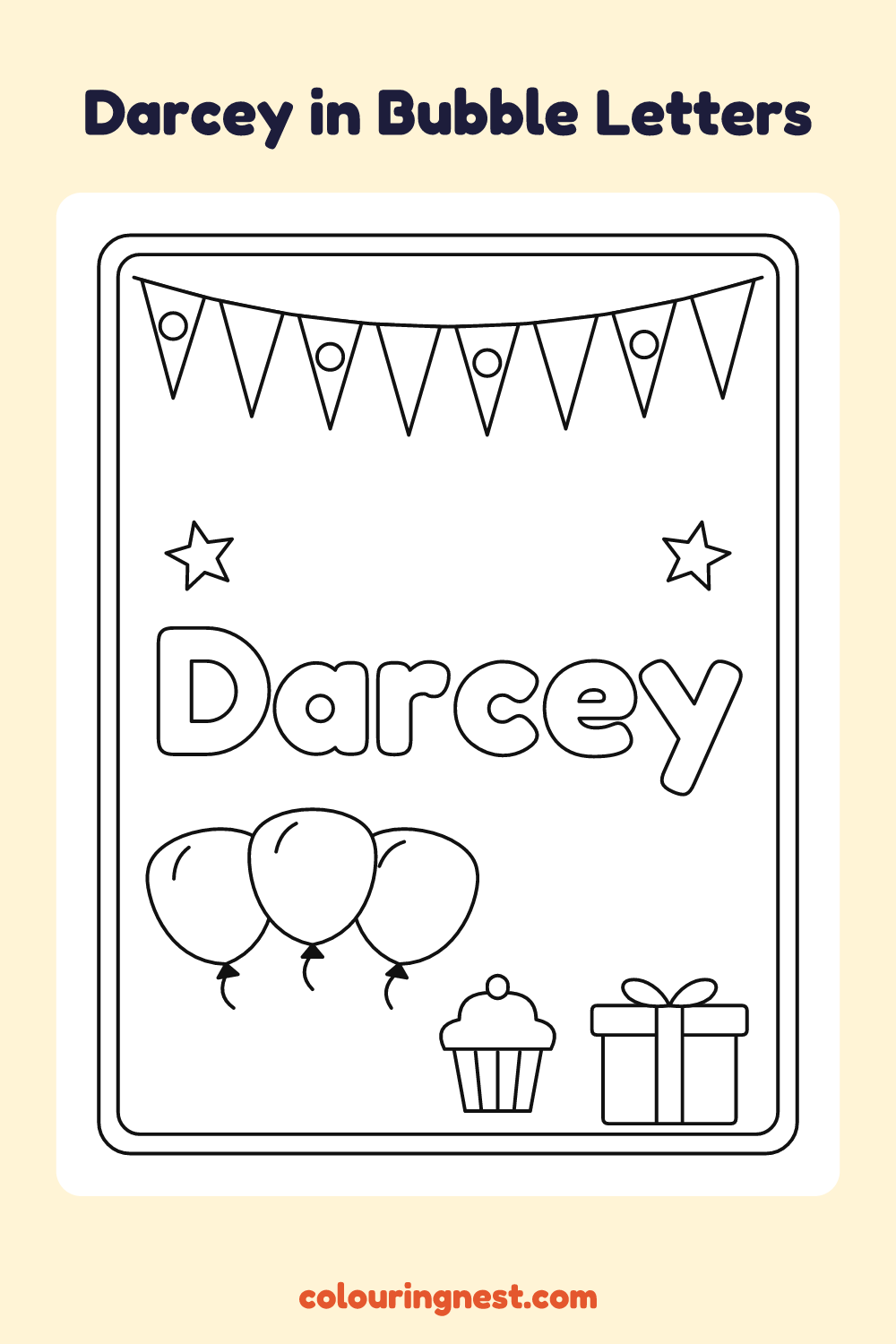 Darcey in Bubble Letters coloring page: free printable black-and-white line art
