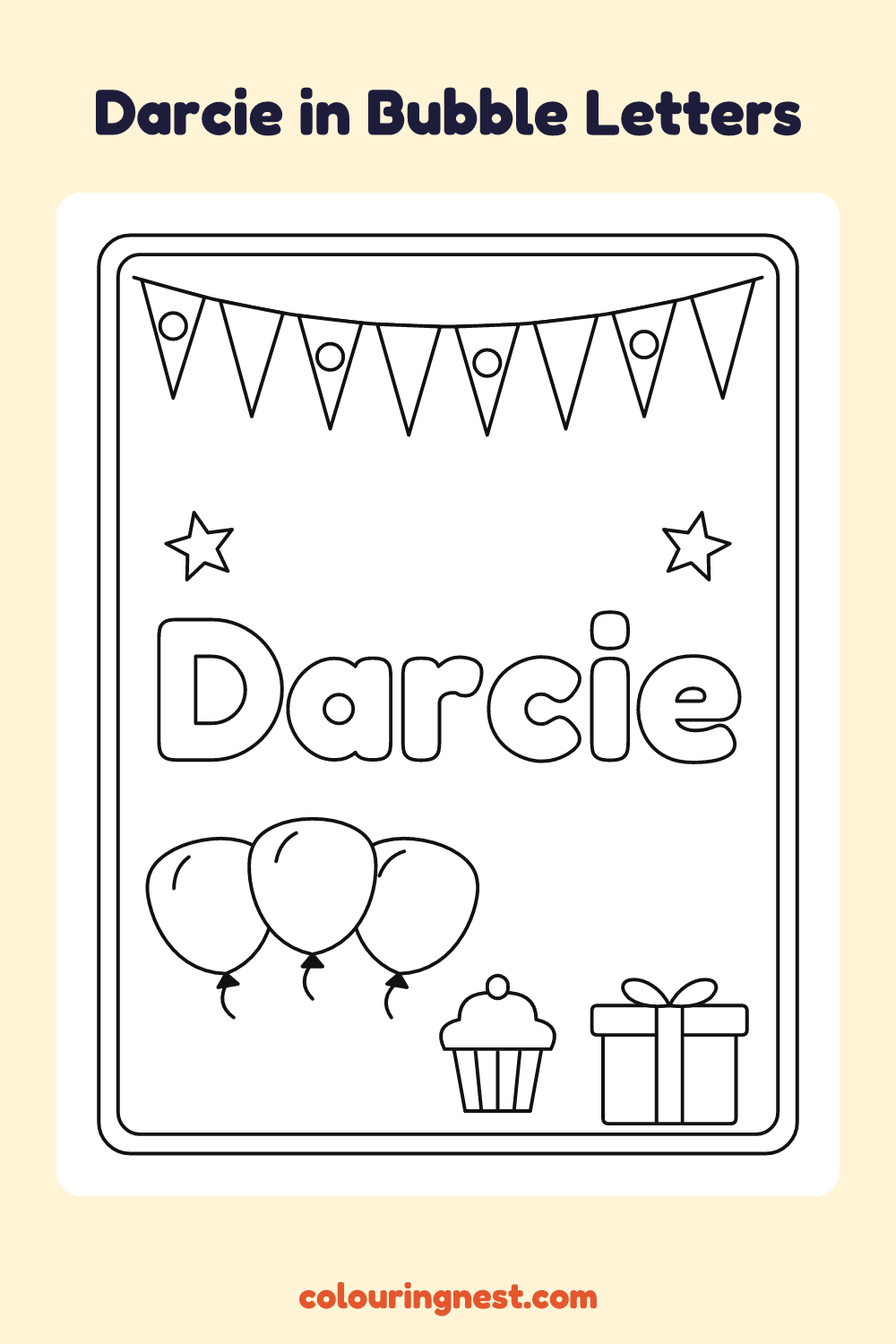 Darcie in Bubble Letters coloring page: free printable black-and-white line art