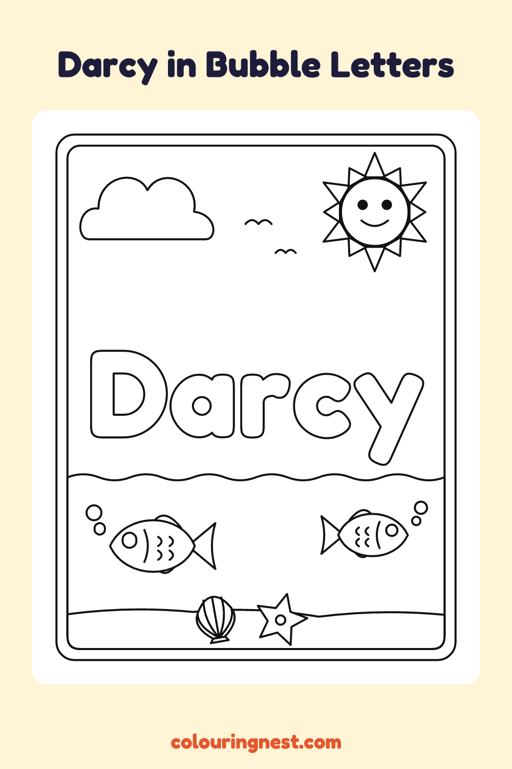 Darcy in Bubble Letters coloring page: free printable black-and-white line art