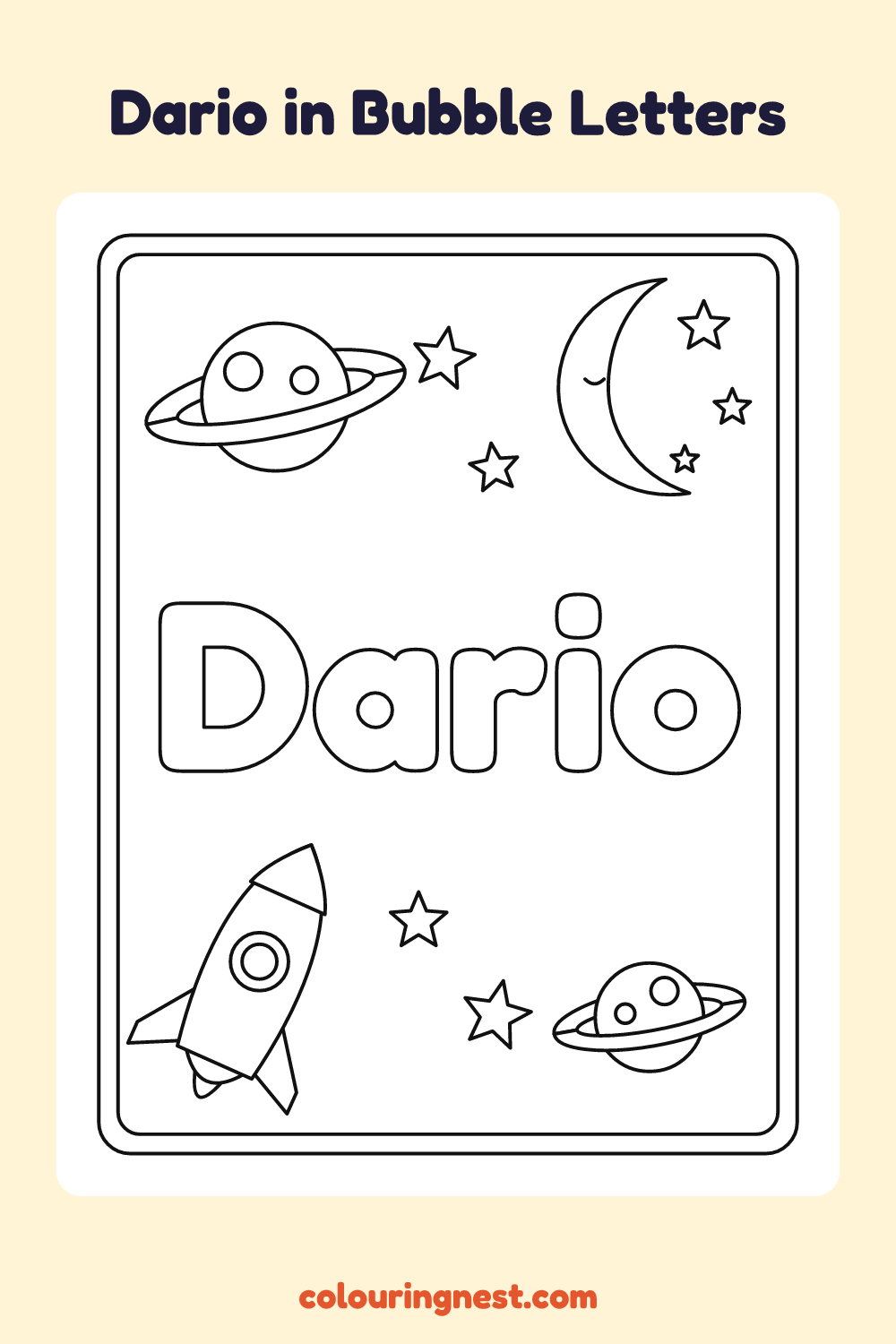 Dario in Bubble Letters coloring page: free printable black-and-white line art