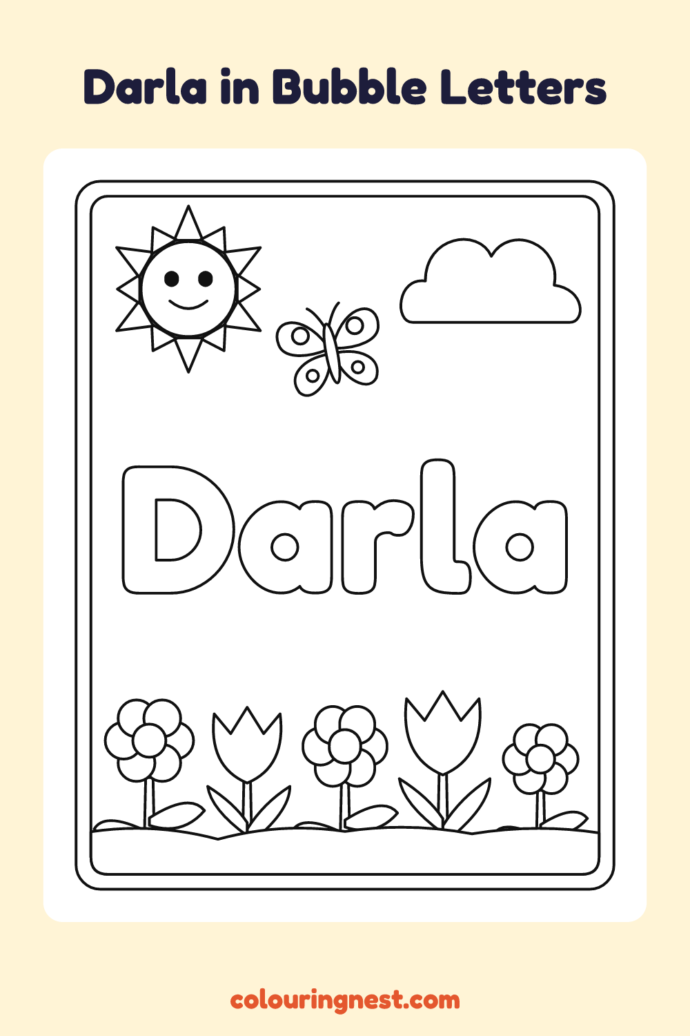 Darla in Bubble Letters coloring page: free printable black-and-white line art