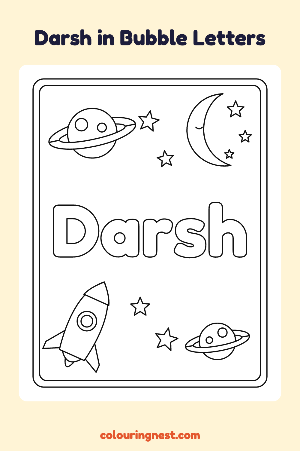 Darsh in Bubble Letters coloring page: free printable black-and-white line art
