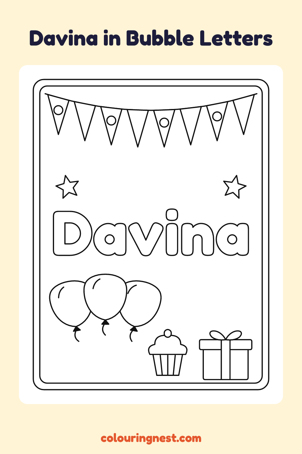 Davina in Bubble Letters coloring page: free printable black-and-white line art