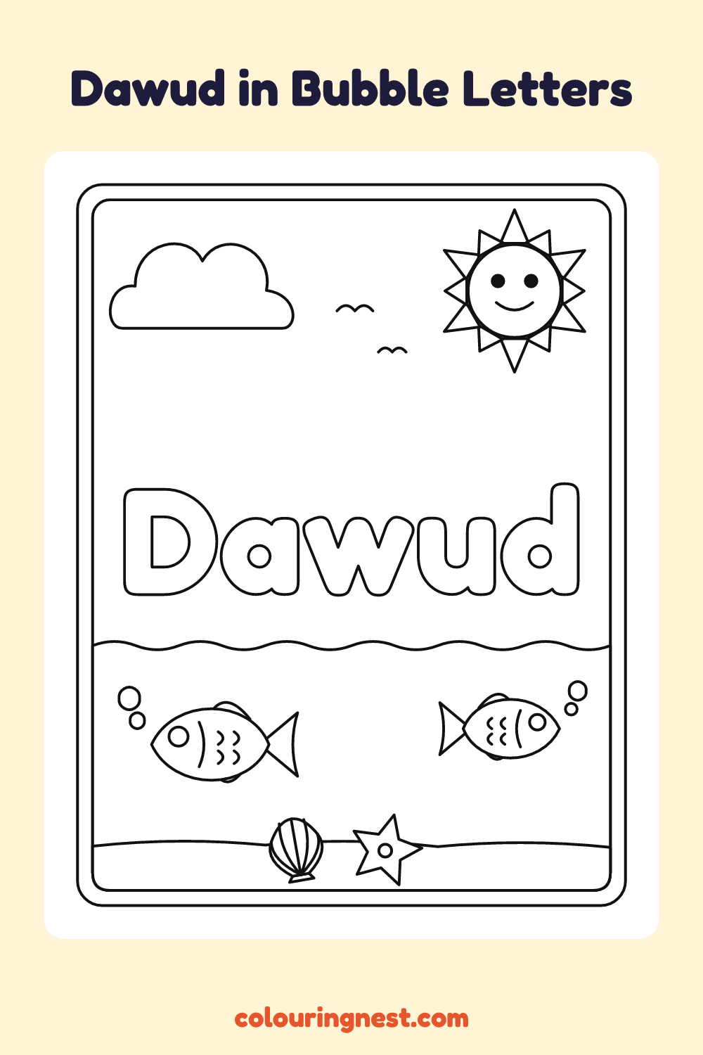 Dawud in Bubble Letters coloring page: free printable black-and-white line art