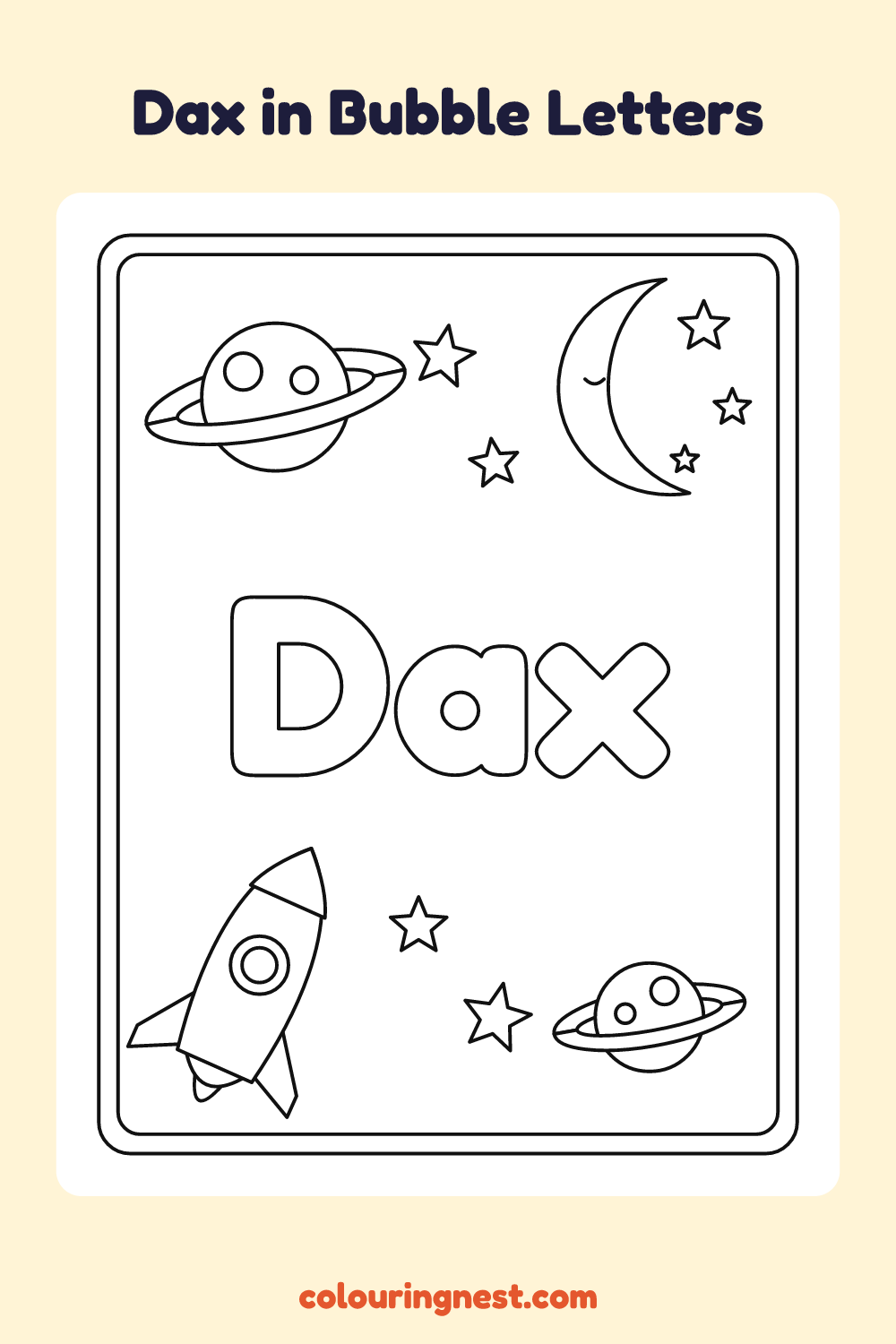 Dax in Bubble Letters coloring page: free printable black-and-white line art