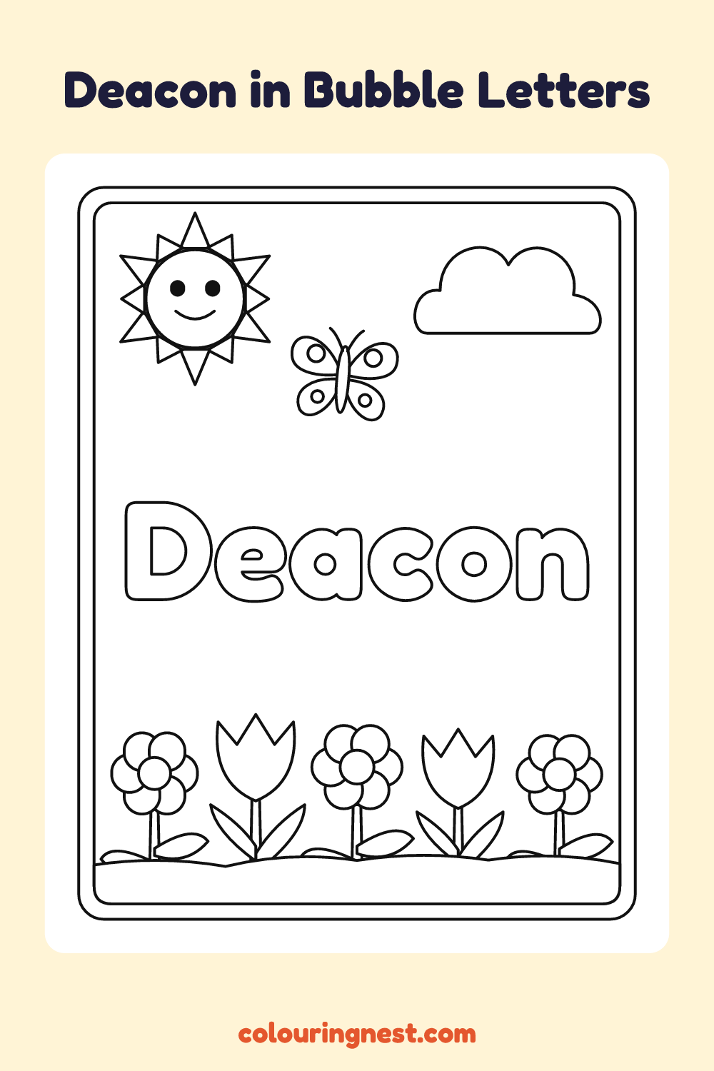 Deacon in Bubble Letters coloring page: free printable black-and-white line art