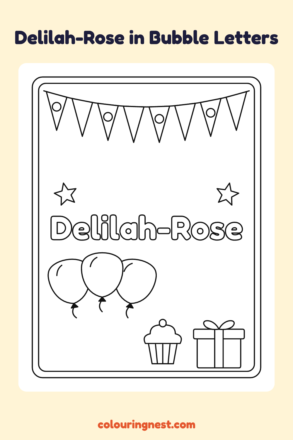 Delilah-Rose in Bubble Letters coloring page: free printable black-and-white line art