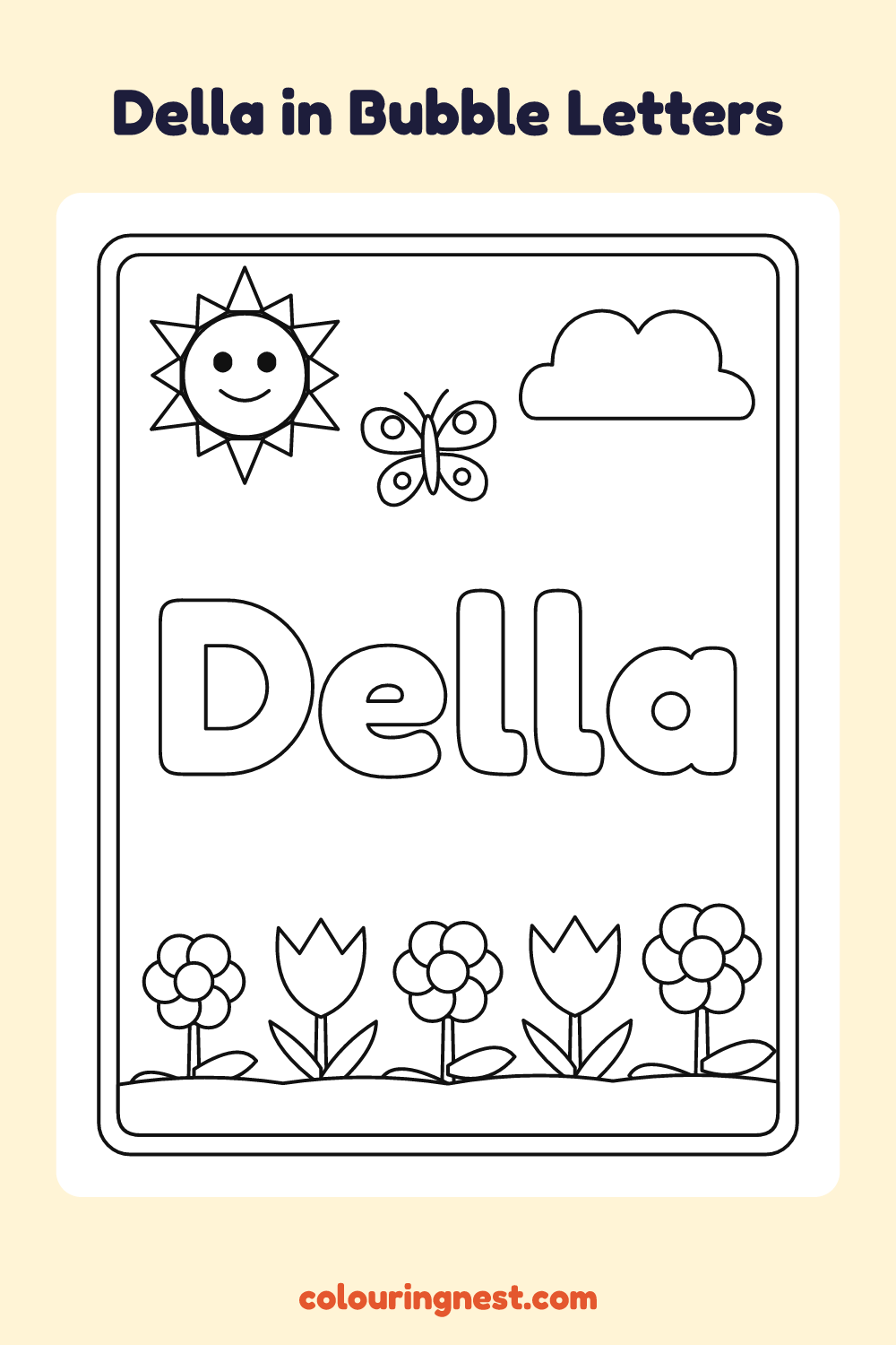 Della in Bubble Letters coloring page: free printable black-and-white line art