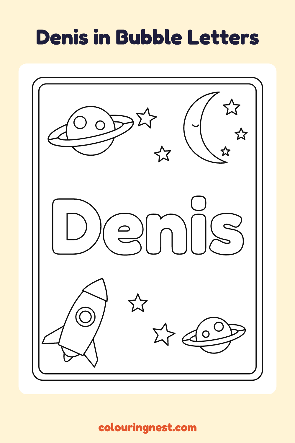 Denis in Bubble Letters coloring page: free printable black-and-white line art