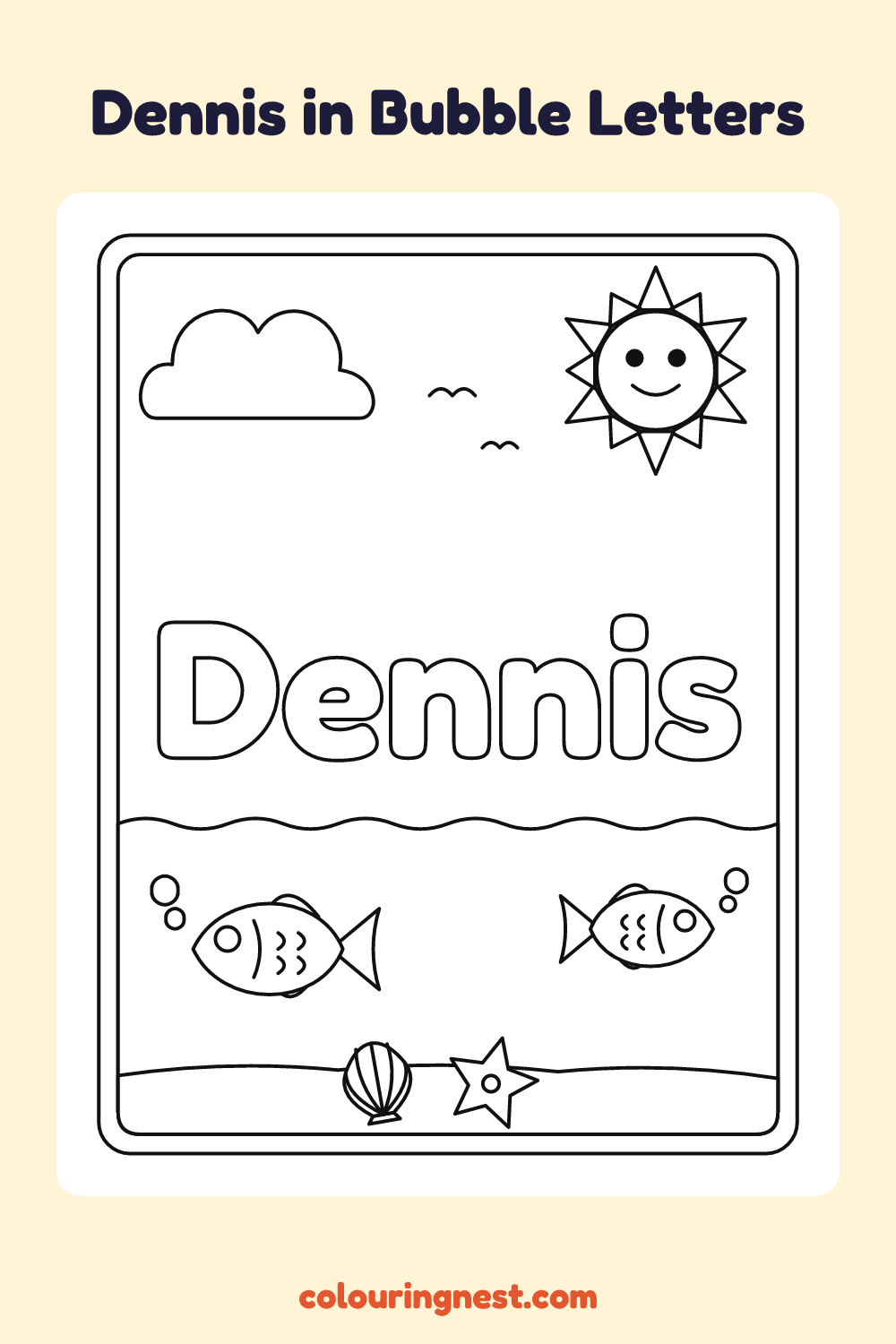 Dennis in Bubble Letters coloring page: free printable black-and-white line art