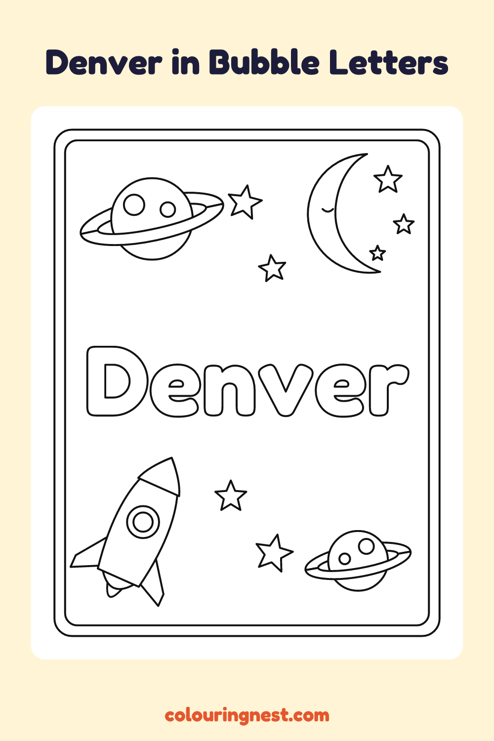Denver in Bubble Letters coloring page: free printable black-and-white line art