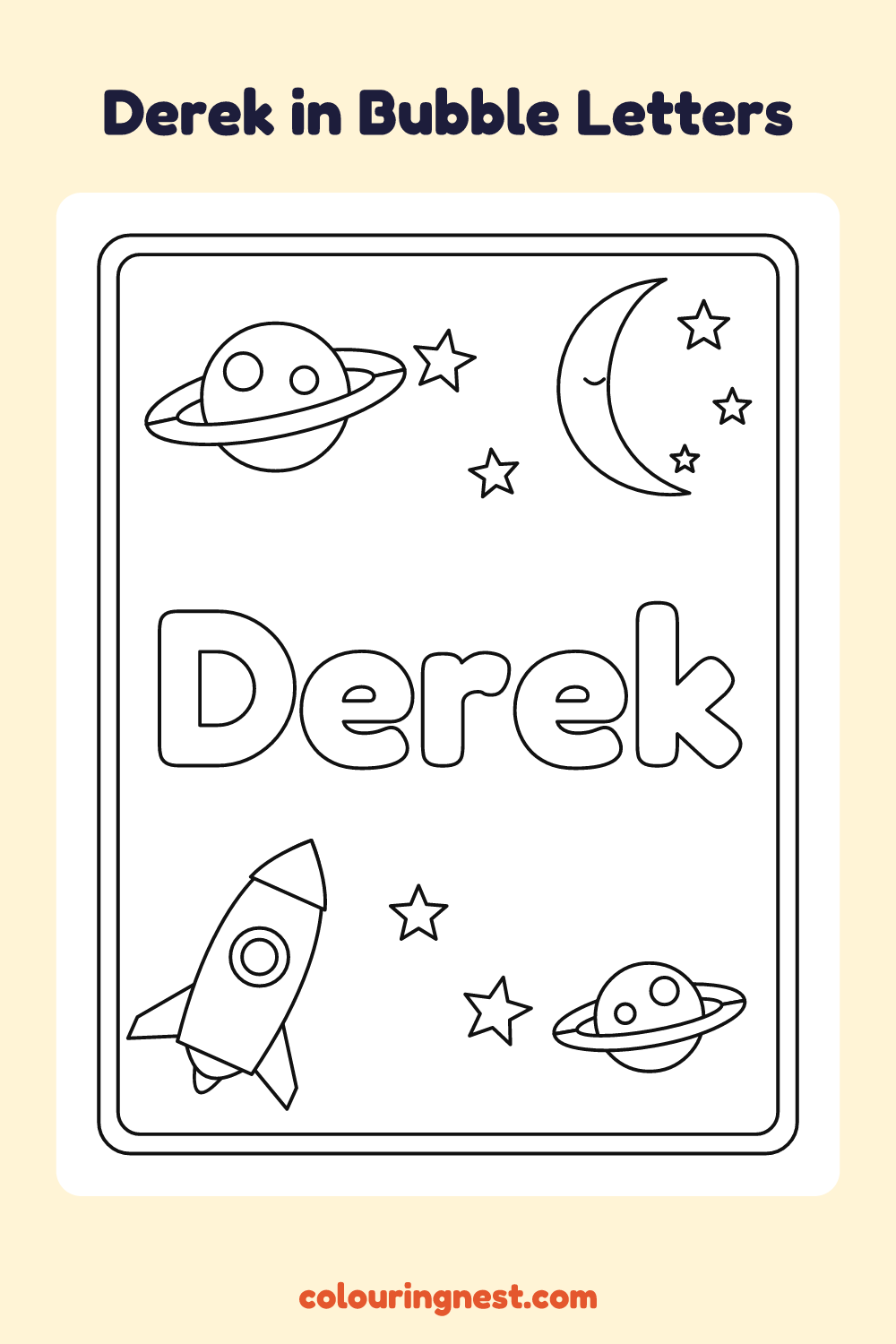 Derek in Bubble Letters coloring page: free printable black-and-white line art