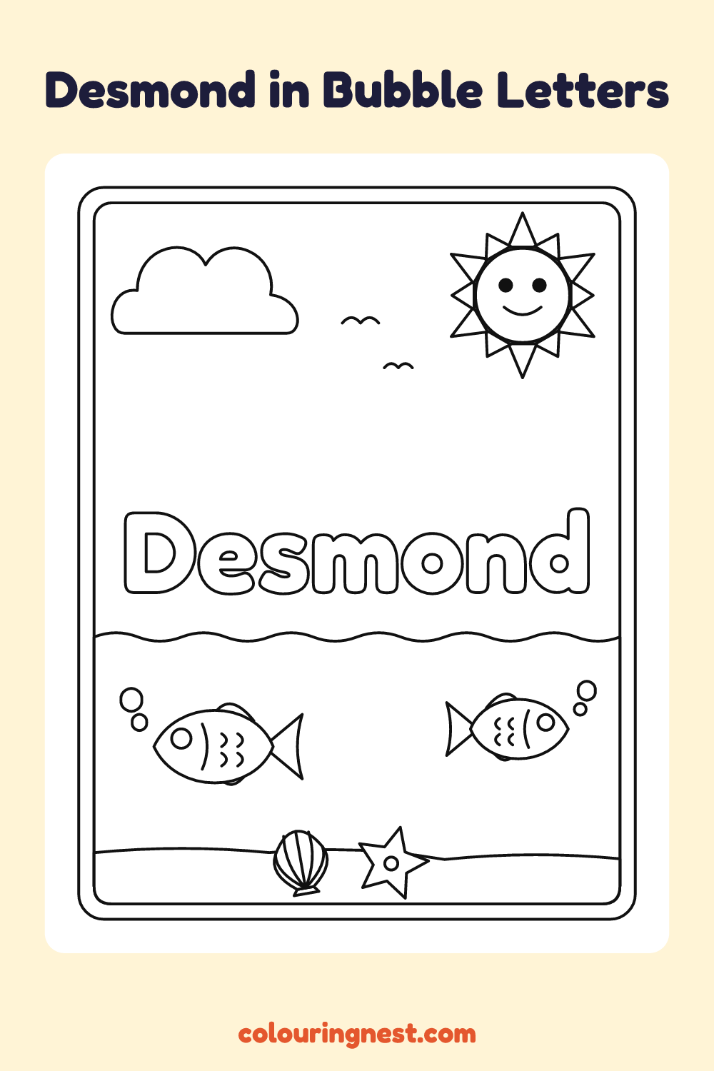 Desmond in Bubble Letters coloring page: free printable black-and-white line art