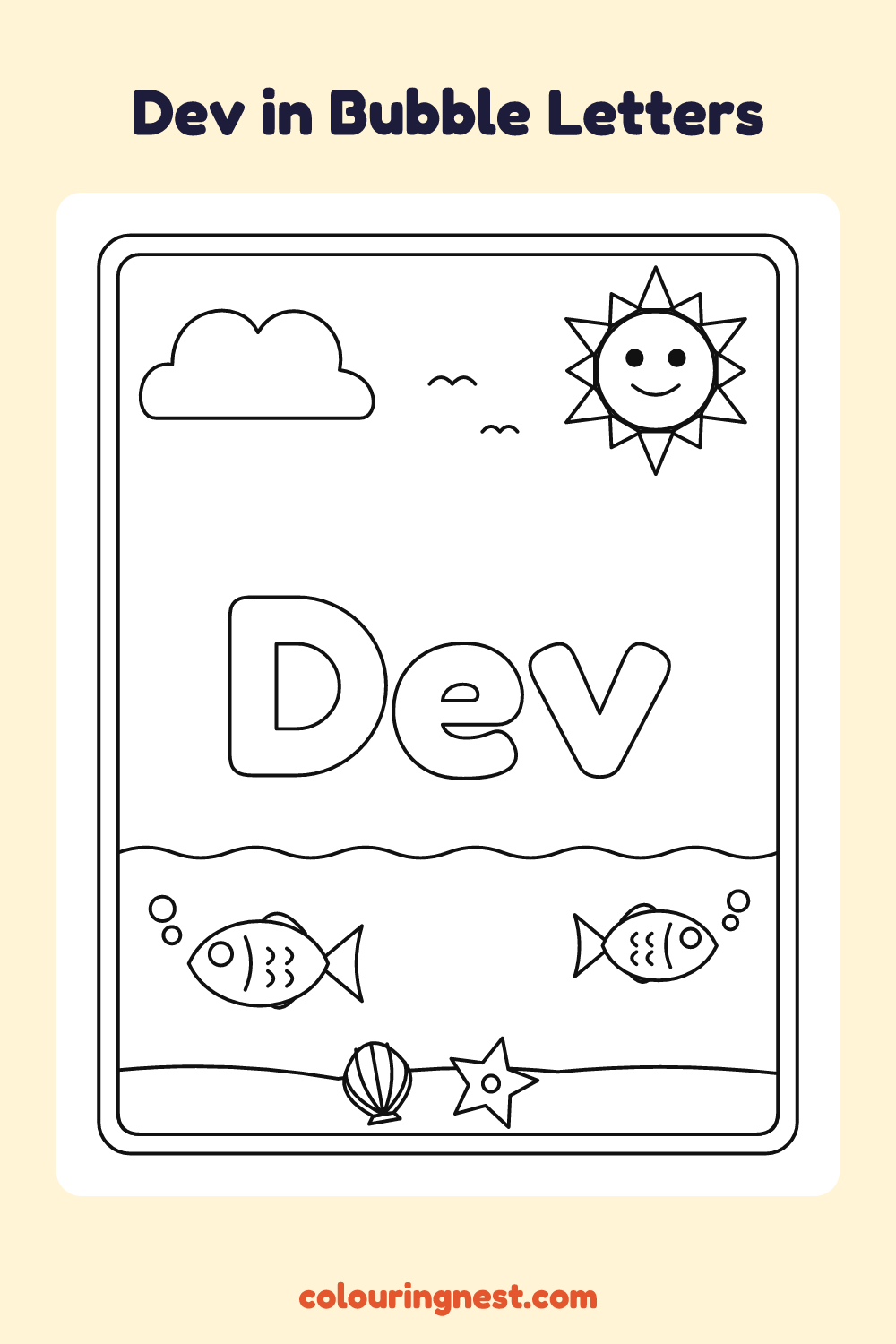 Dev in Bubble Letters coloring page: free printable black-and-white line art
