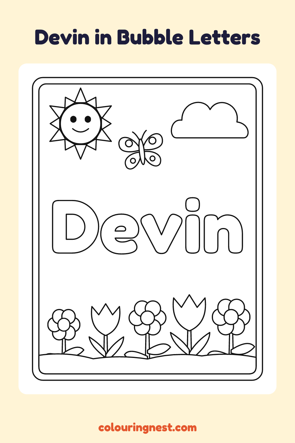 Devin in Bubble Letters coloring page: free printable black-and-white line art