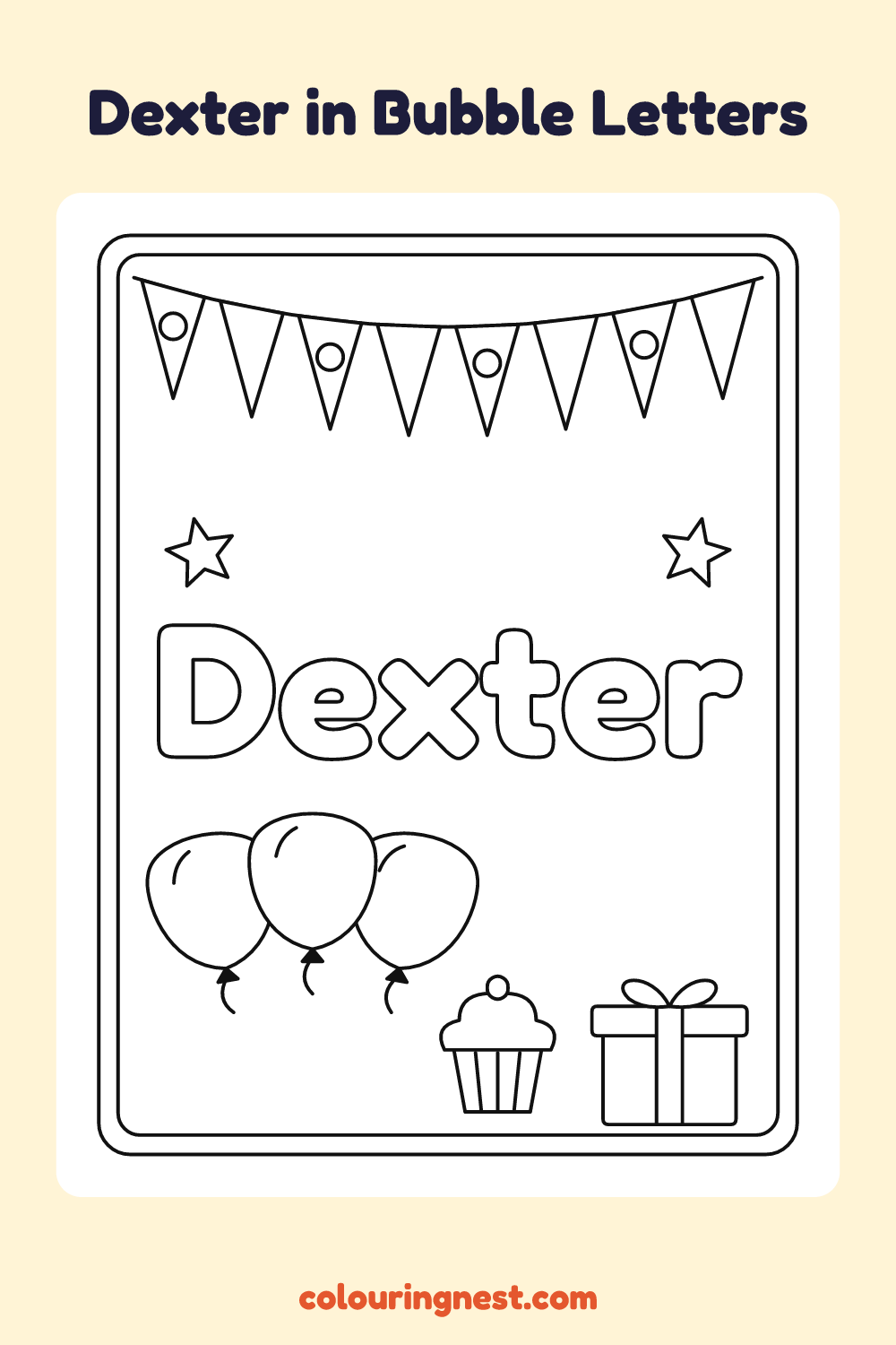 Dexter in Bubble Letters coloring page: free printable black-and-white line art