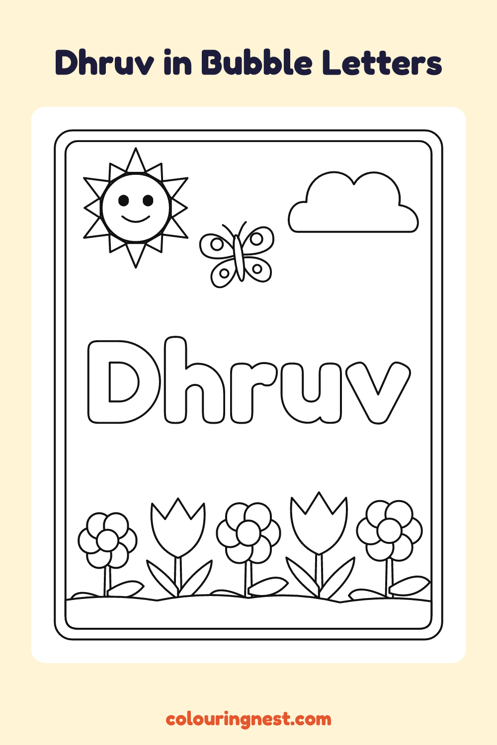 Dhruv in Bubble Letters coloring page: free printable black-and-white line art