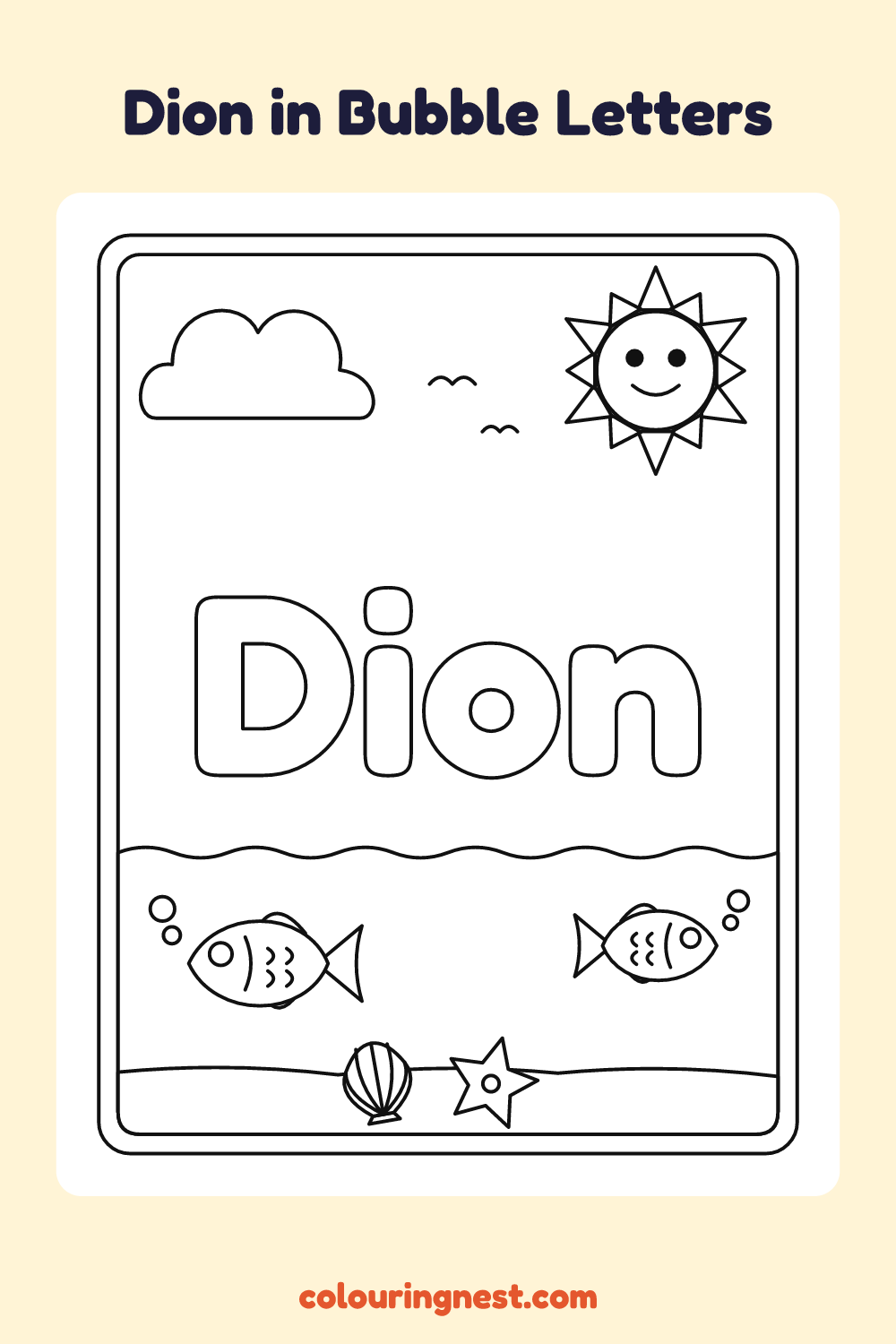 Dion in Bubble Letters coloring page: free printable black-and-white line art