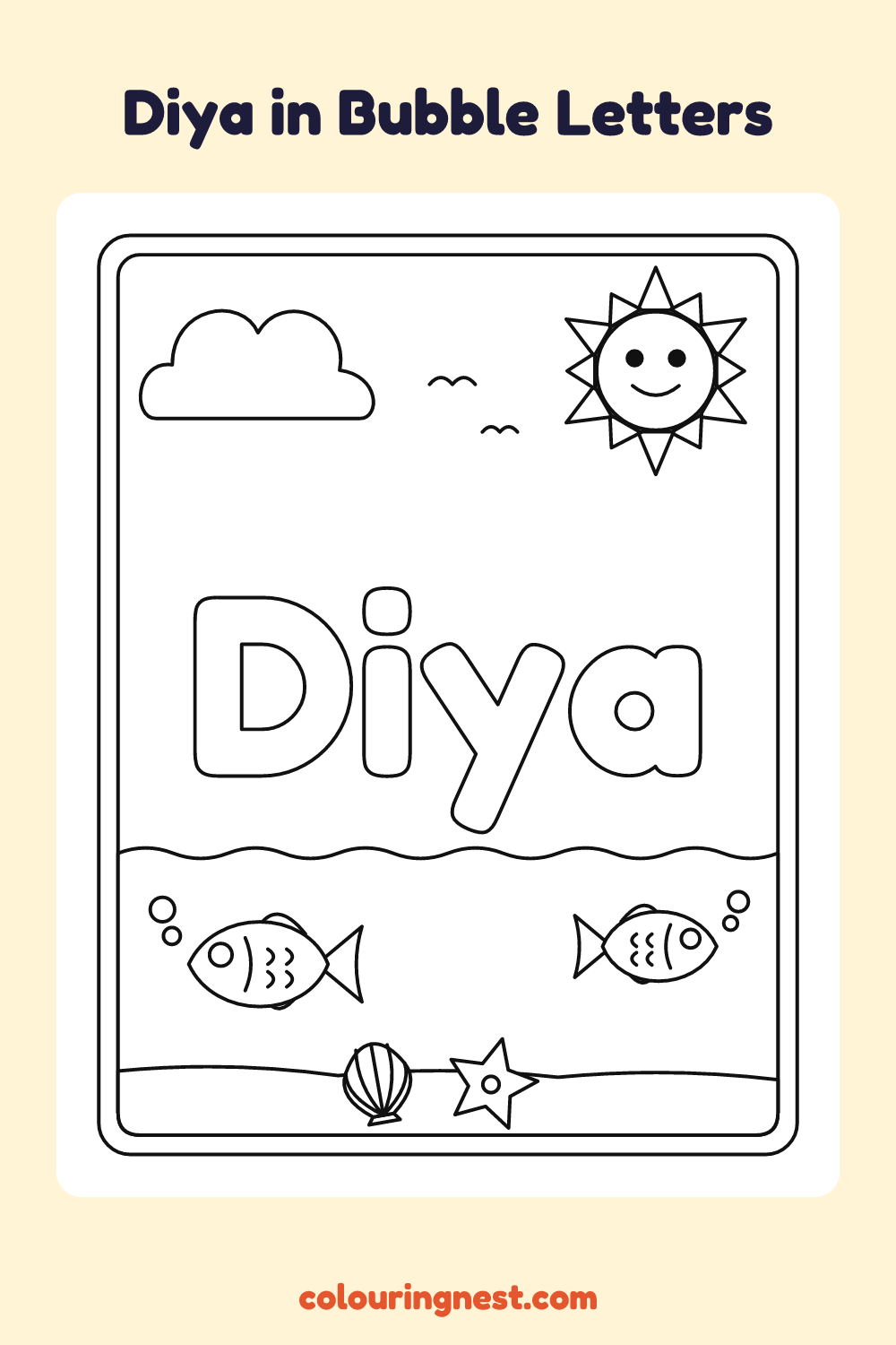 Diya in Bubble Letters coloring page: free printable black-and-white line art