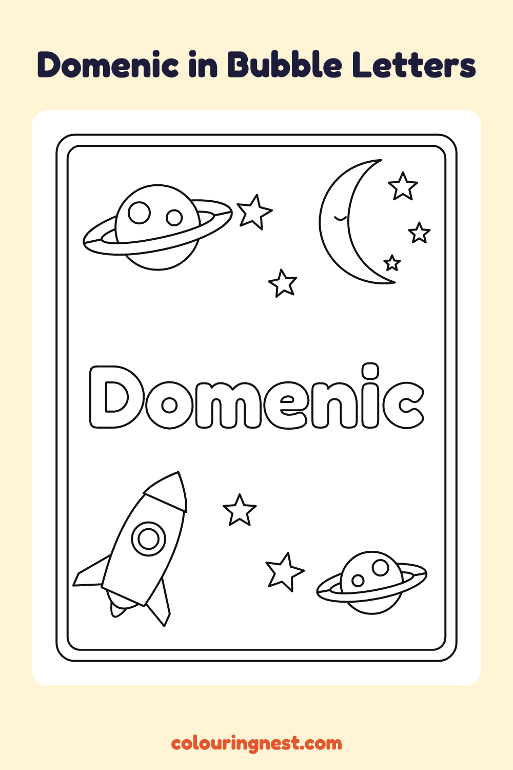 Domenic in Bubble Letters coloring page: free printable black-and-white line art