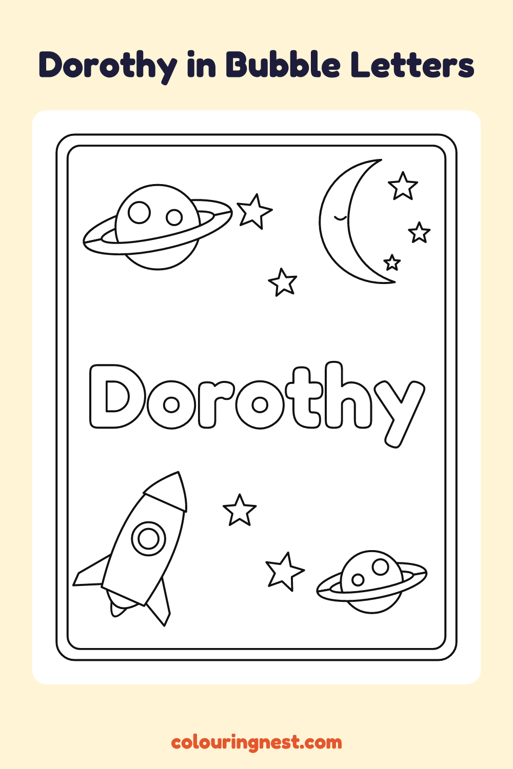 Dorothy in Bubble Letters coloring page: free printable black-and-white line art