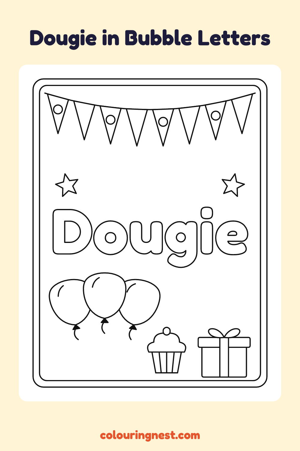 Dougie in Bubble Letters coloring page: free printable black-and-white line art
