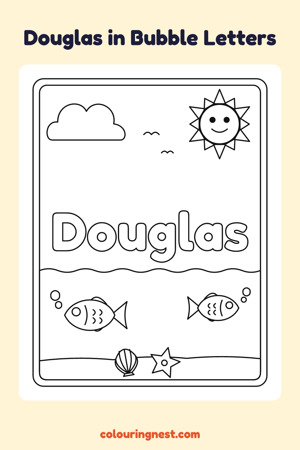Douglas in Bubble Letters coloring page: free printable black-and-white line art