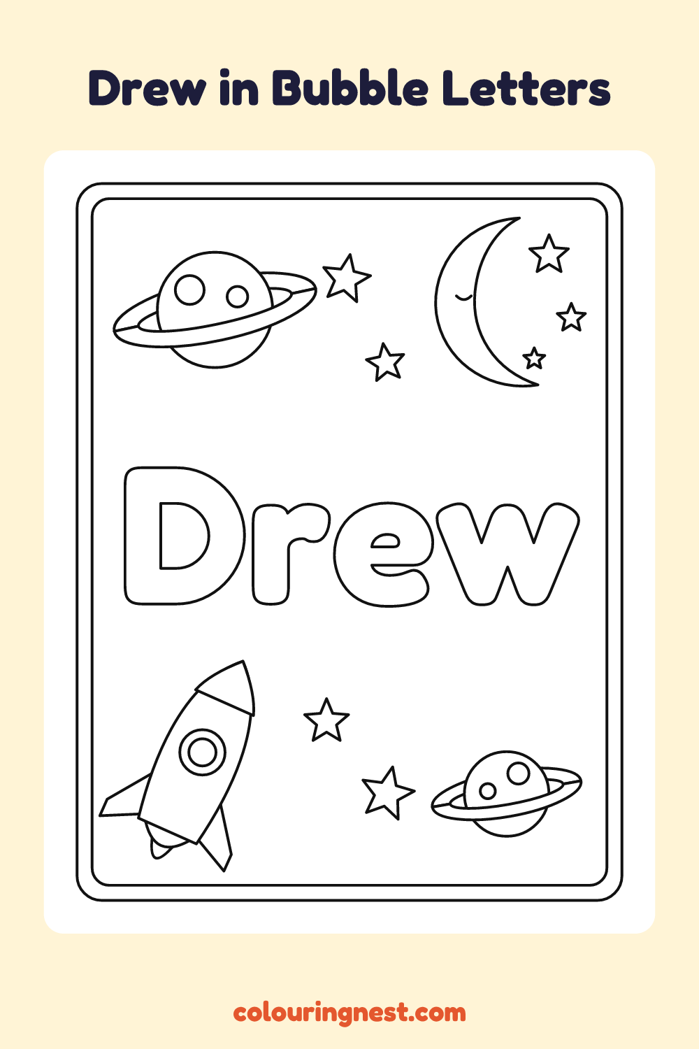 Drew in Bubble Letters coloring page: free printable black-and-white line art