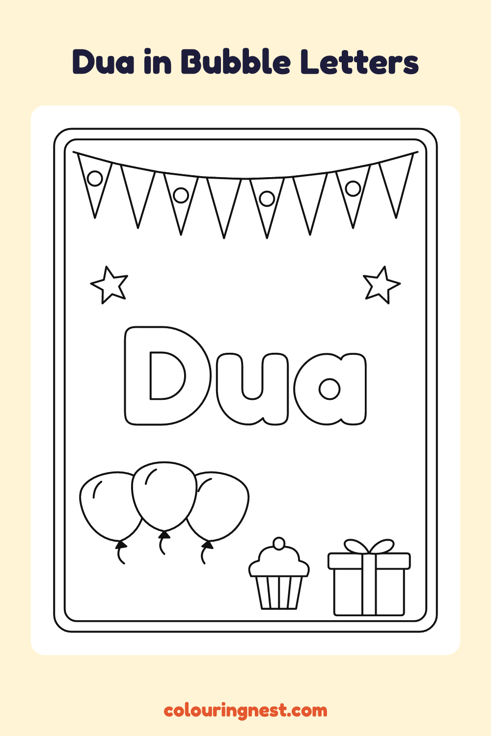 Dua in Bubble Letters coloring page: free printable black-and-white line art