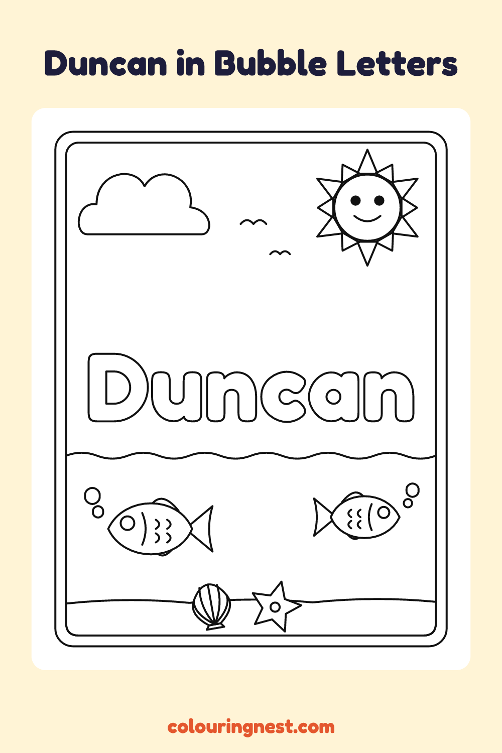Duncan in Bubble Letters coloring page: free printable black-and-white line art